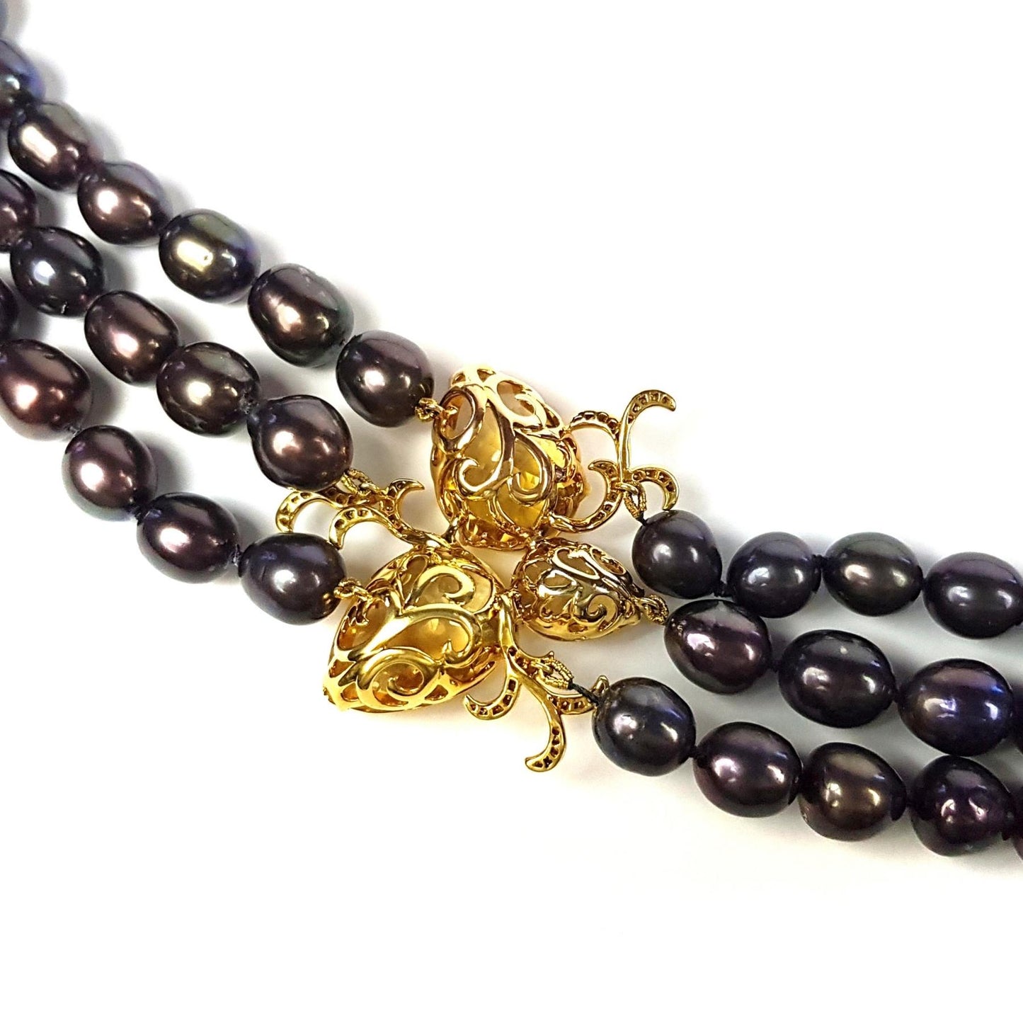 Whispering Three Strand Black Baroque Pearl Necklace
