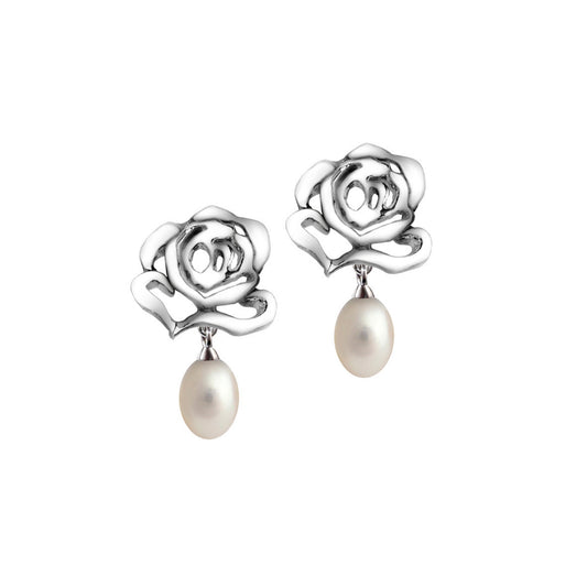 Rose Stud Pearl Drop Earrings