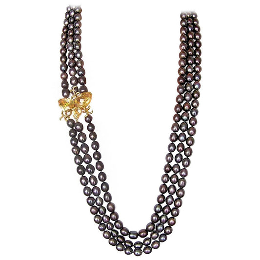 Whispering Three Strand Black Baroque Pearl Necklace